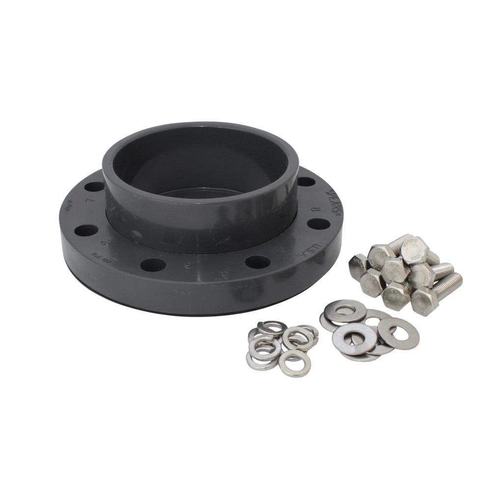 Pentair 357212 6" gray PVC flange with eight bolt holes, beside stainless steel bolts and washers.