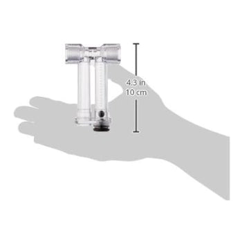 Pentair R172080Z clear flow indicator with check valve, shown against a hand for scale, measuring 4.3 in.
