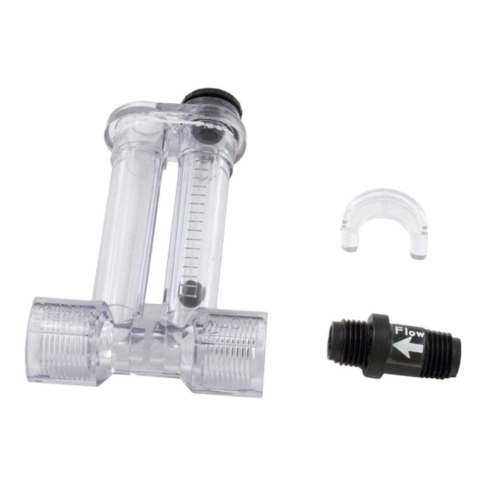 Pentair R172080Z clear flow indicator with check valve, threaded ends, plus black Flow valve and clear O-ring fitting.