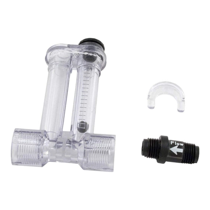 Pentair R172080Z clear flow indicator with check valve, threaded ends, plus black Flow valve and clear O-ring fitting.