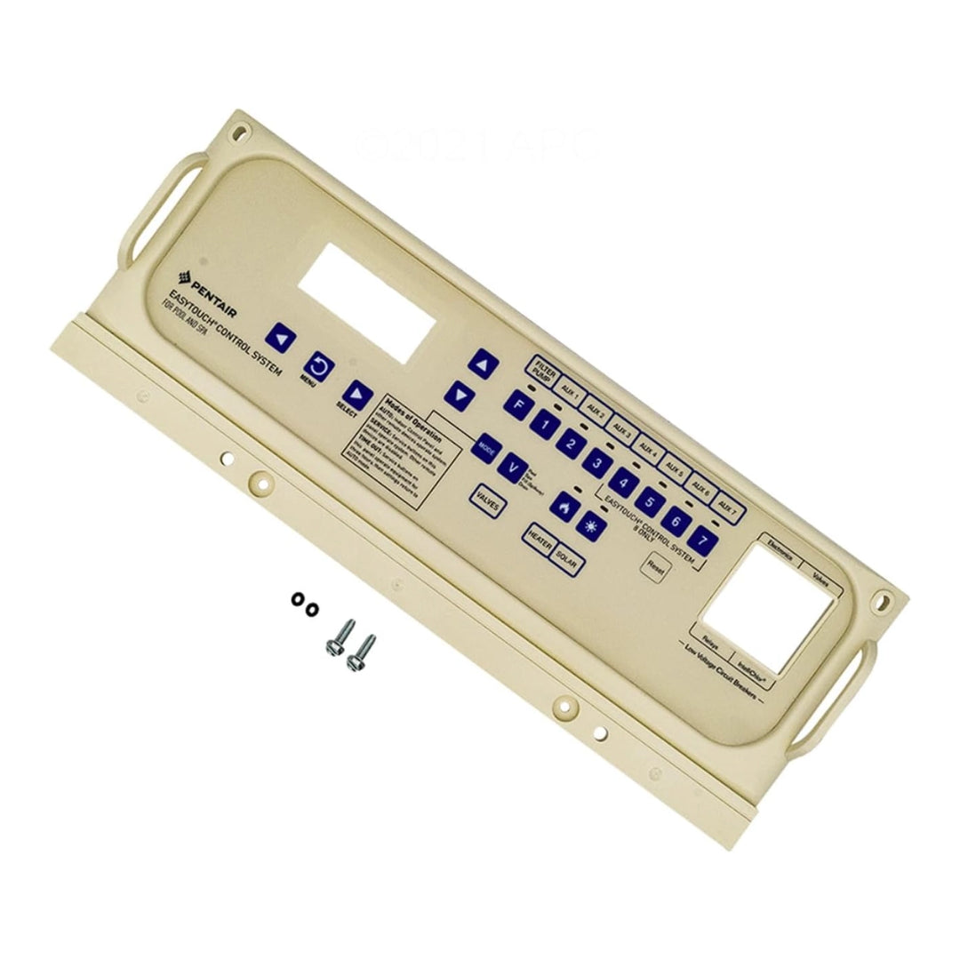Pentair EasyTouch fold-down bezel, tan faceplate with blue buttons and two mounting screws, shown at an angle