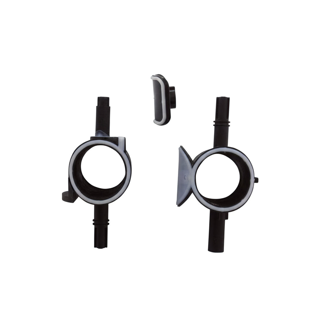 two black circular valve parts with white sealing rings and a small black rectangular component with white edges on a white background