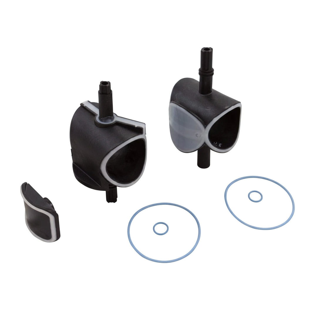 black plastic valve rebuild kit parts including two main valve pieces with white seals and three blue rubber O-rings on white background