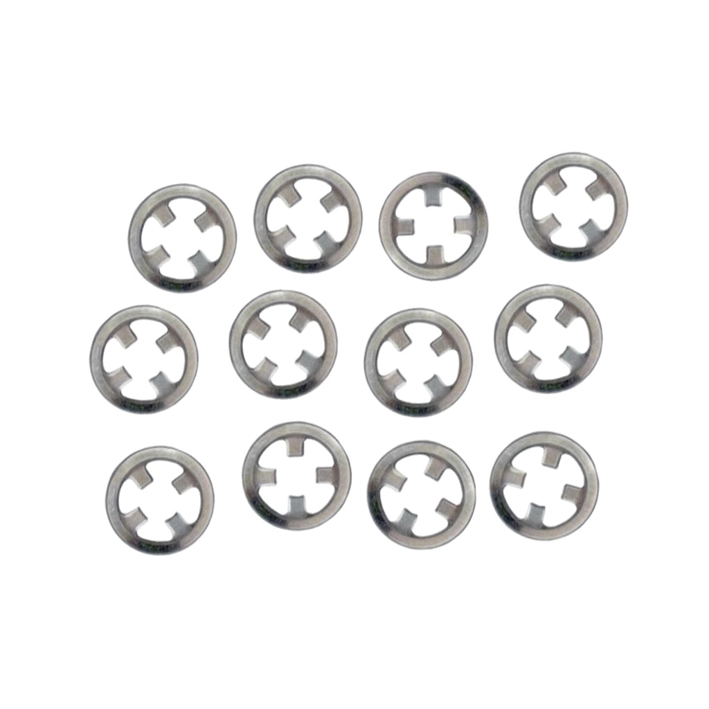 Twelve metal star-lock washers with four internal tabs arranged in rows, Pentair Gear Retainer Clip Kit 230057