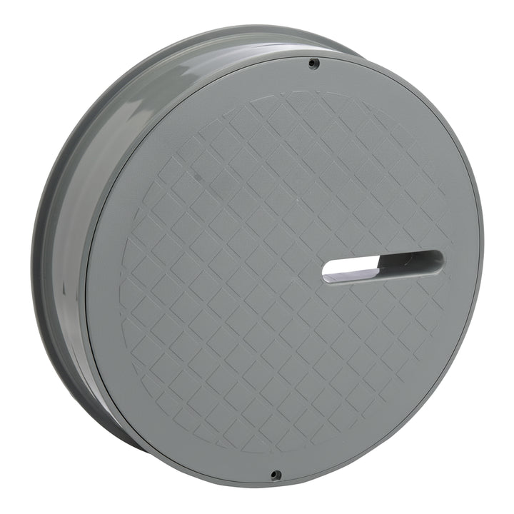 round gray plastic cover with textured diamond grid pattern and a horizontal slot near the center