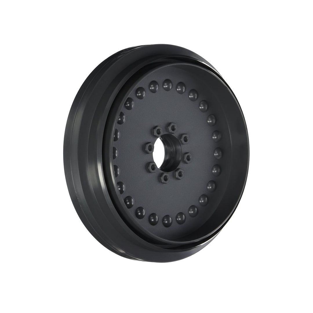 round gray pool cleaner wheel with a central hole and textured circular pattern, smooth outer rim without bearings