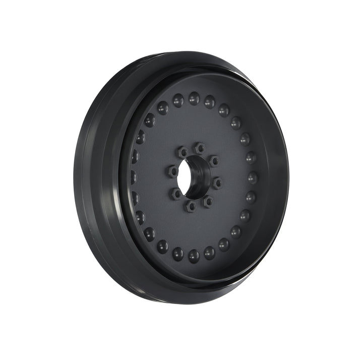 round gray pool cleaner wheel with a central hole and textured circular pattern, smooth outer rim without bearings