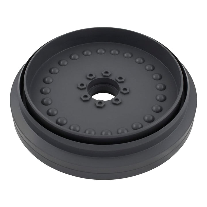gray circular pool cleaner replacement wheel with raised circular bumps and central hole surrounded by small hexagonal shapes