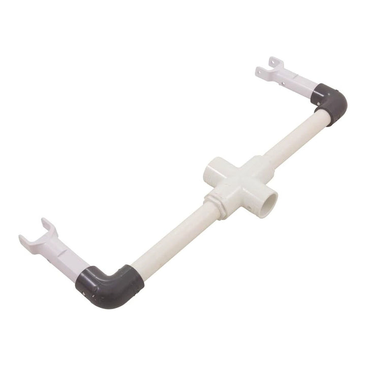 White PVC handle joining assembly with cross fitting and two angled ends, Pentair R201780 Super ProVac part.