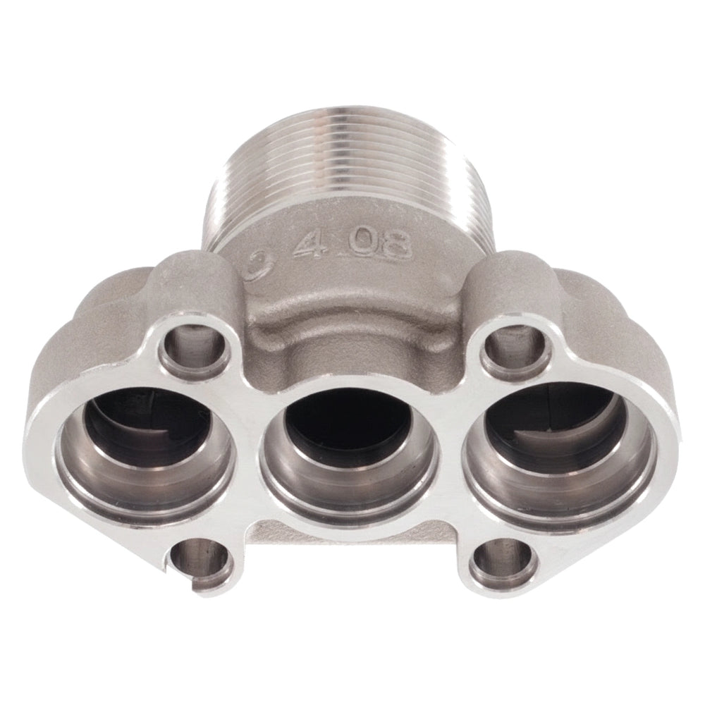 Metal Pentair heat exchanger outlet fitting 461104 with three ports and external threaded connection.