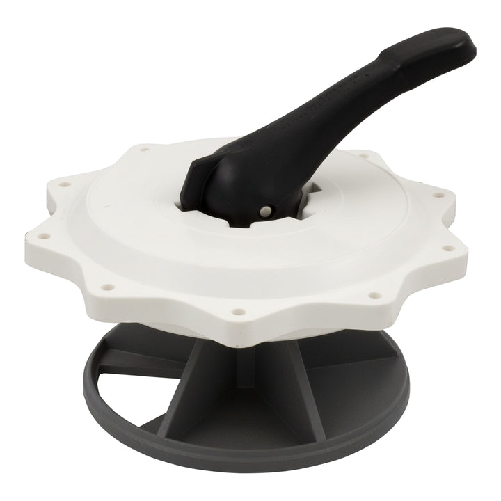 top side assembly valve featuring a white multi-hole flange base with a black handle on top and gray supporting structure beneath