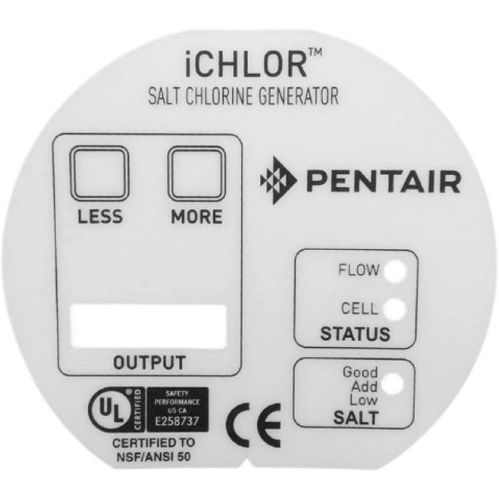 Round white label with black text and boxes for iChlor salt chlorine generator showing Pentair logo and indicators for output, status, and salt levels