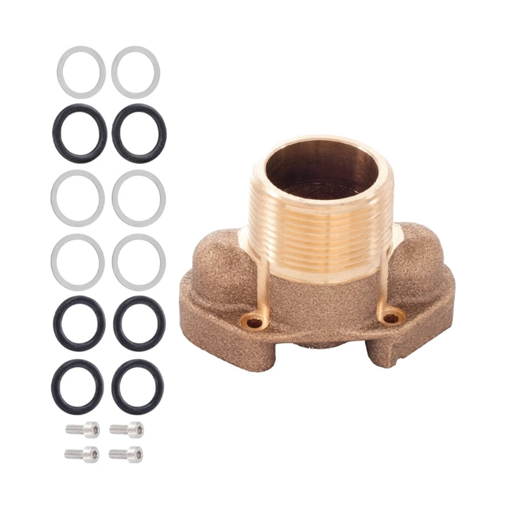 Pentair 461103 brass inlet fitting with threaded port, mounting screws, and black and white O-rings.