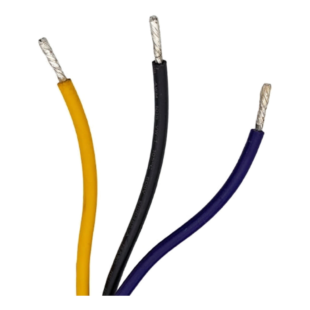 Three electrical wires with exposed silver-colored strands at their ends in yellow black and blue insulation