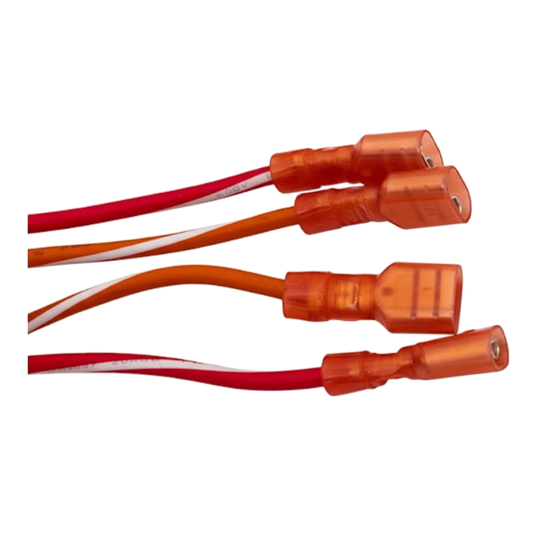 Close-up of red and orange insulated electrical wires with translucent orange connectors attached at the ends