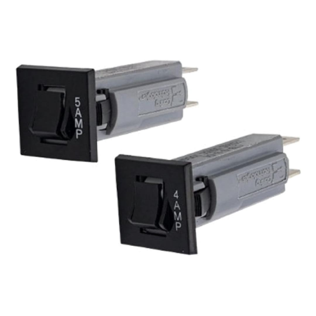 Two small electrical switches with black rectangular faces and gray bodies labeled 5 AMP and 4 AMP respectively