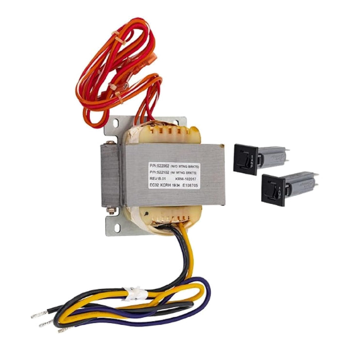 metal electrical transformer with attached multi-colored wires and two small black rectangular connectors with grips