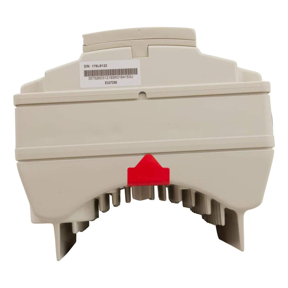beige plastic electronic drive module with a red arrow indicator and a barcode label on top