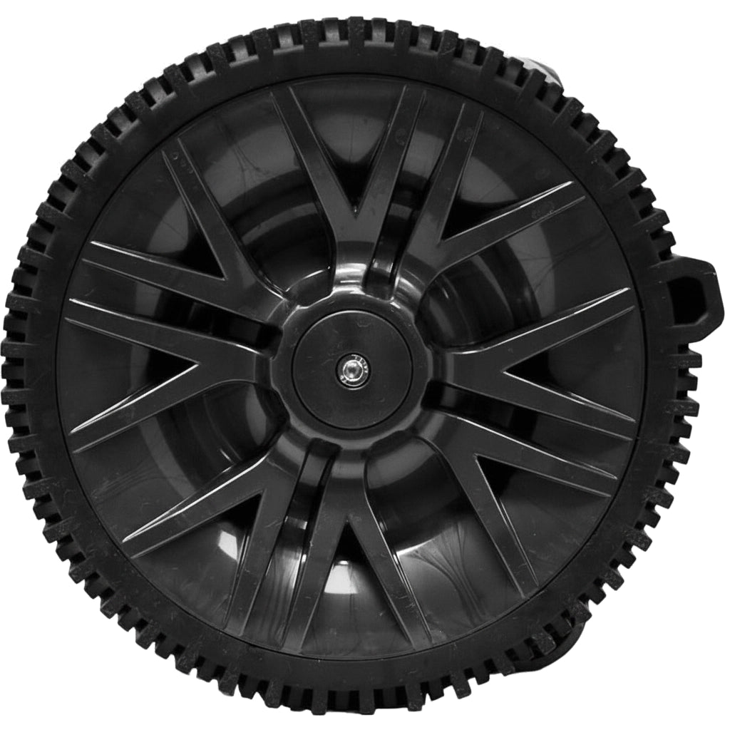 Black plastic wheel with spoke design and outer tread for the Pentair Kreepy Krauly Rebel cleaner head V2
