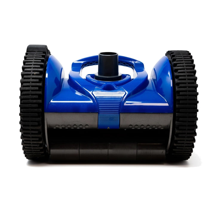 Pentair Kreepy Krauly Rebel V2 cleaner head, blue and black body with two wide black treaded wheels, front view.