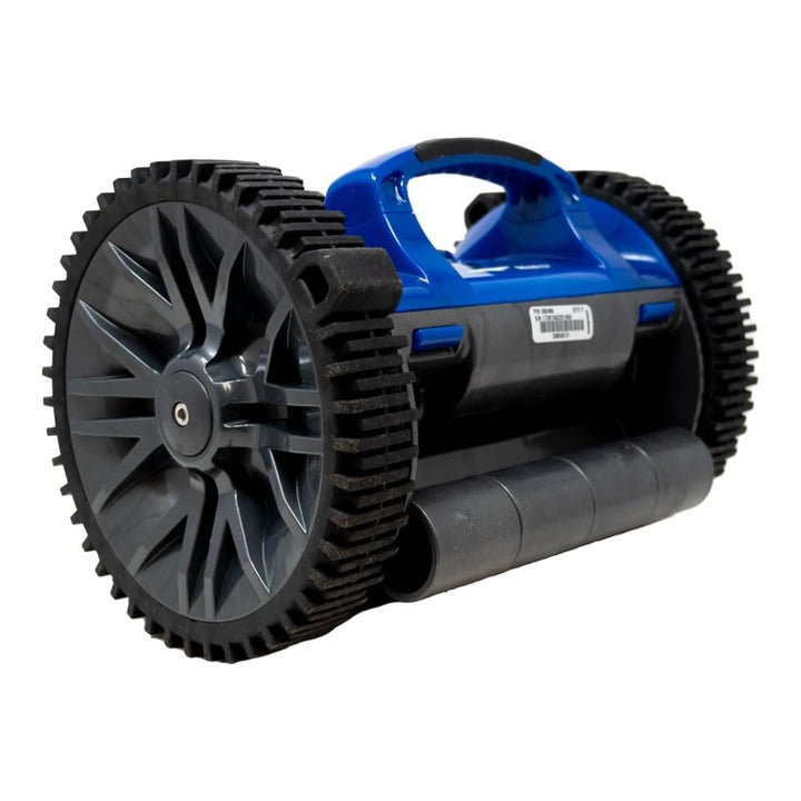 Pentair Kreepy Krauly Rebel cleaner head V2 with large gray treaded wheels and blue top handle