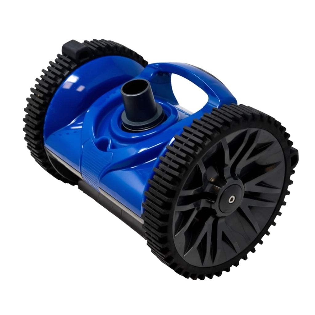 Pentair Kreepy Krauly Rebel cleaner head V2 with blue body, black wheels, and center hose port.