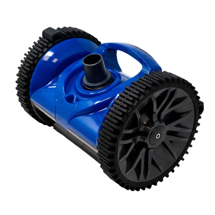 Pentair Kreepy Krauly Rebel cleaner head V2 with blue body, black wheels, and center hose port.