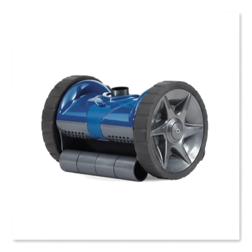 Pentair Kreepy Krauly Rebel cleaner head with two large star-patterned wheels and a ribbed gray hose connector.