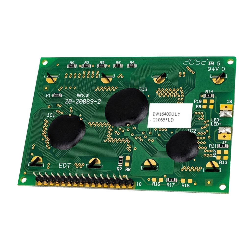 Back of Pentair IntelliChem LCD Display circuit board, model 20-20089-2, with gold pins and black chips.