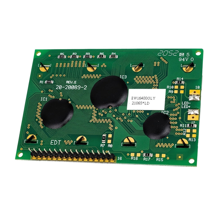 Back of Pentair IntelliChem LCD Display circuit board, model 20-20089-2, with gold pins and black chips.
