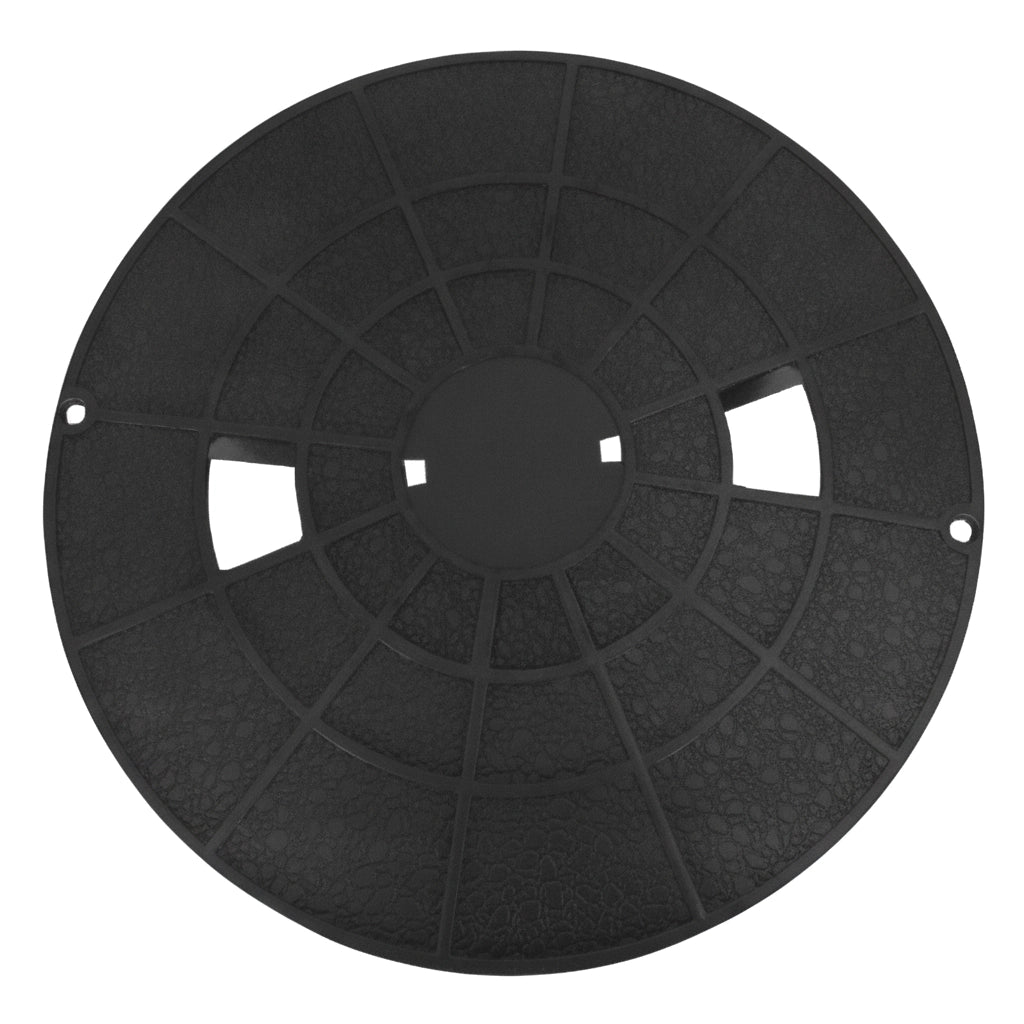 Round black Pentair Bermuda skimmer lid and collar, 516328Z, with pie-shaped ribs and two mounting screw holes.