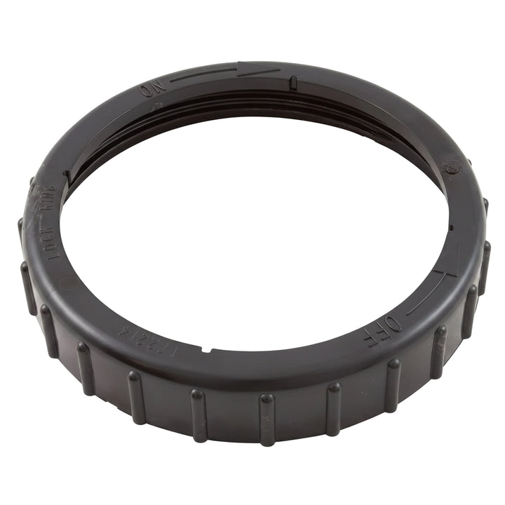 black plastic circular lock ring with ridged edges and embossed text including ON OFF LOCK RING and V172214