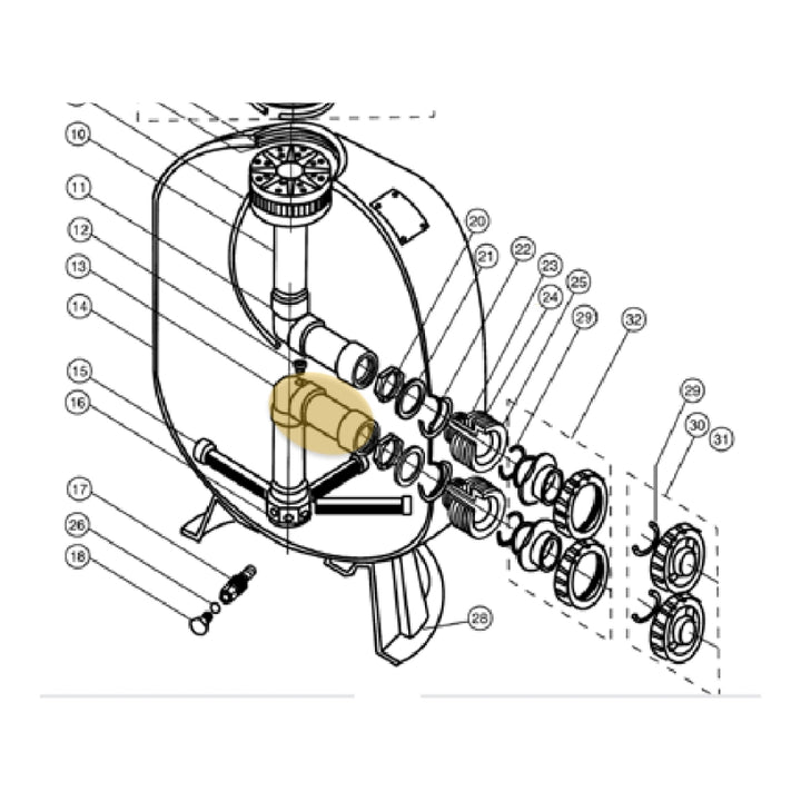Exploded diagram of Pentair Triton II TR60 sand filter with lower piping assembly 155284 highlighted in tan
