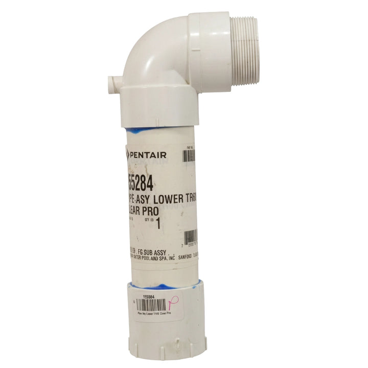 White PVC L-shaped lower piping assembly with threaded fitting, labeled Pentair 155284 on printed sleeve.