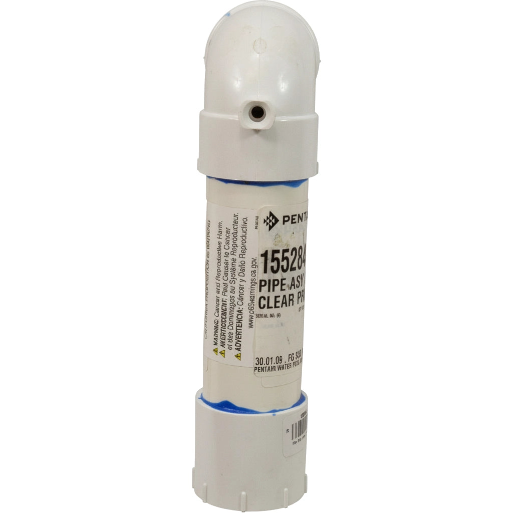 White PVC lower piping assembly with curved elbow and blue seal marks, Pentair 155284 label for Triton II TR60 filter.