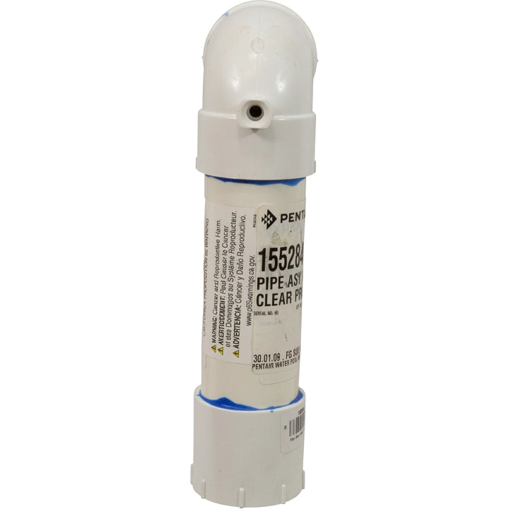 White PVC lower piping assembly with curved elbow and blue seal marks, Pentair 155284 label for Triton II TR60 filter.