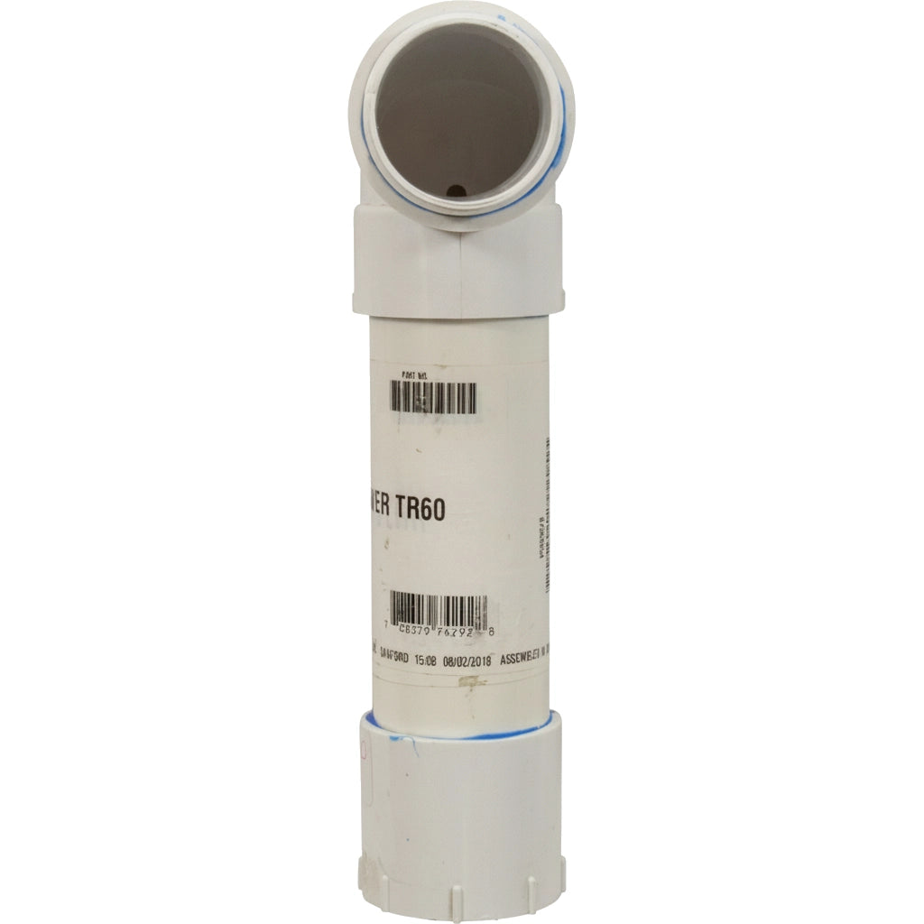 White PVC lower piping assembly with angled elbow, printed label reads "ER TR60," Pentair part 155284.