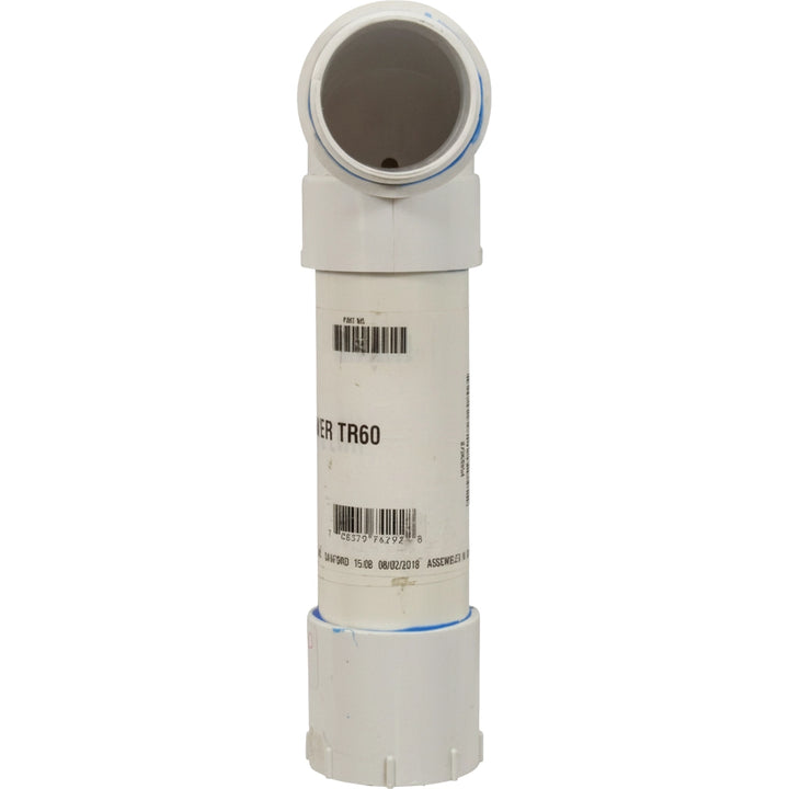 White PVC lower piping assembly with angled elbow, printed label reads "ER TR60," Pentair part 155284.