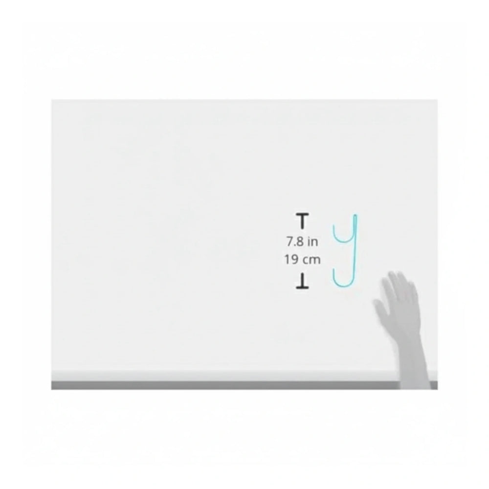 blue metal pole hanger shown with a hand hovered near it and dimensions 7.8 inches or 19 cm indicated on a white background
