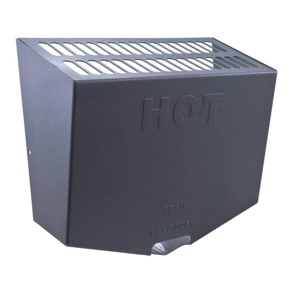 Dark gray metal vent cover with slotted top grille, embossed "HOT," for Pentair MasterTemp heaters