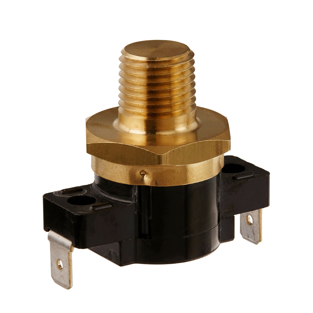 small mechanical thermostat with threaded brass top and black plastic body with two metal connectors