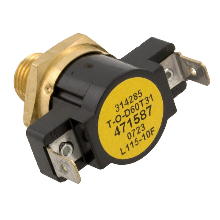 small mechanical thermostat with brass threaded base and black body featuring a yellow circular label and metal connectors