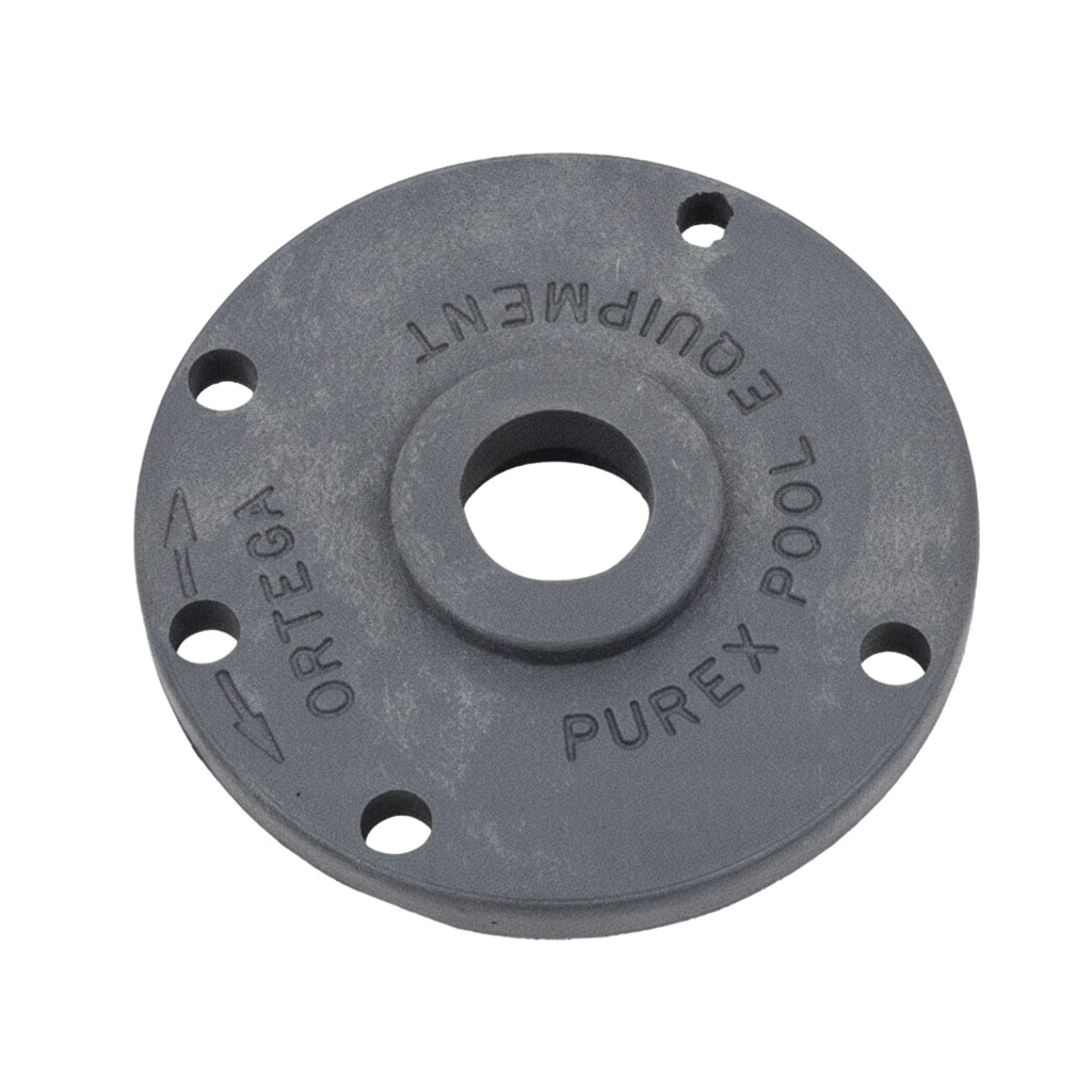 Gray Noryl Pentair 072420Z valve cover with center bore and four mounting holes, round flange design.