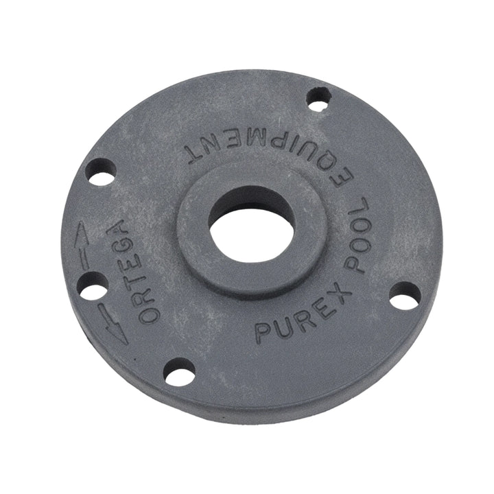 Gray Noryl Pentair 072420Z valve cover with center bore and four mounting holes, round flange design.