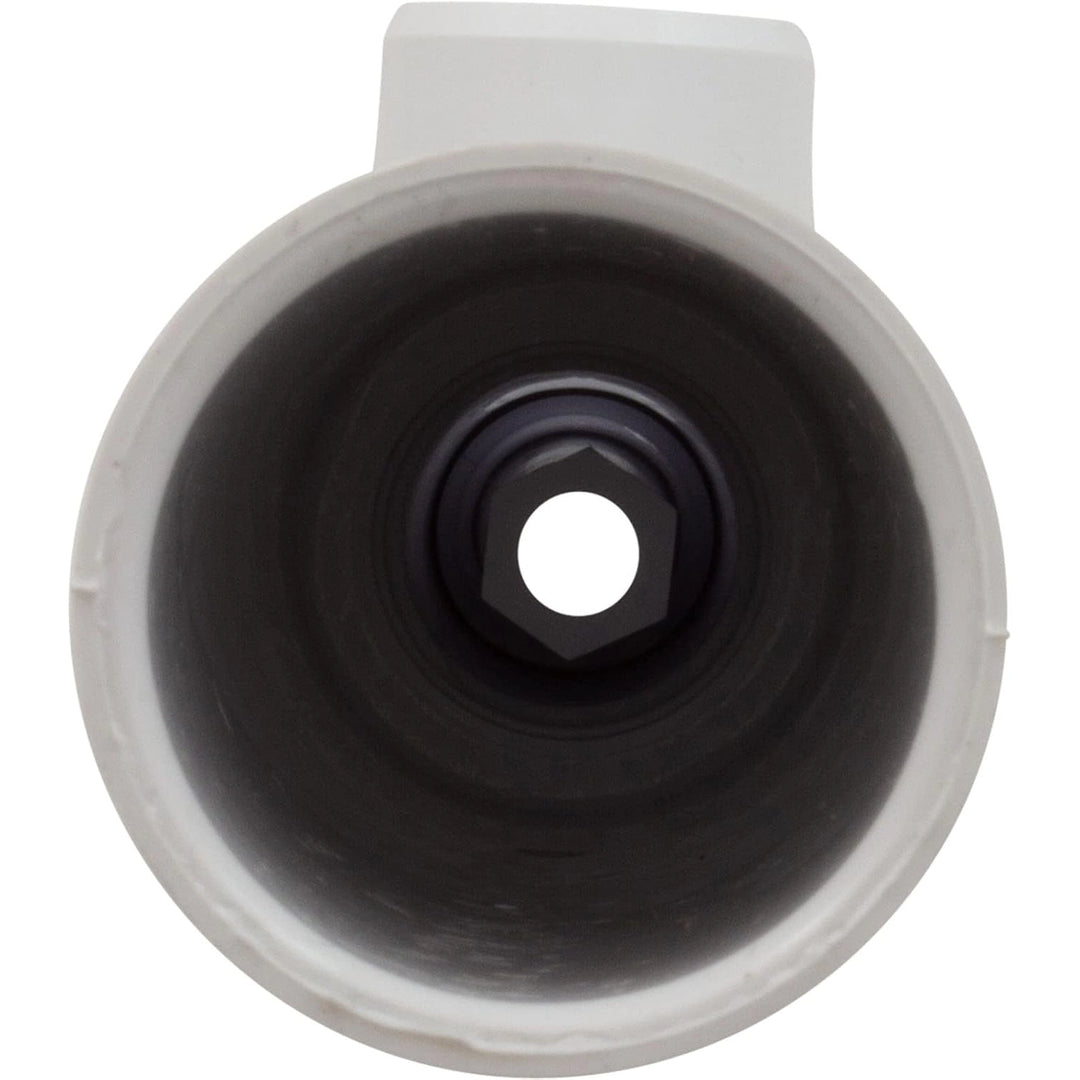 top view of white concrete Venturi jet with black nozzle and multiple socket openings inside cylindrical body