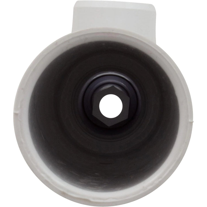 top view of white concrete Venturi jet with black nozzle and multiple socket openings inside cylindrical body