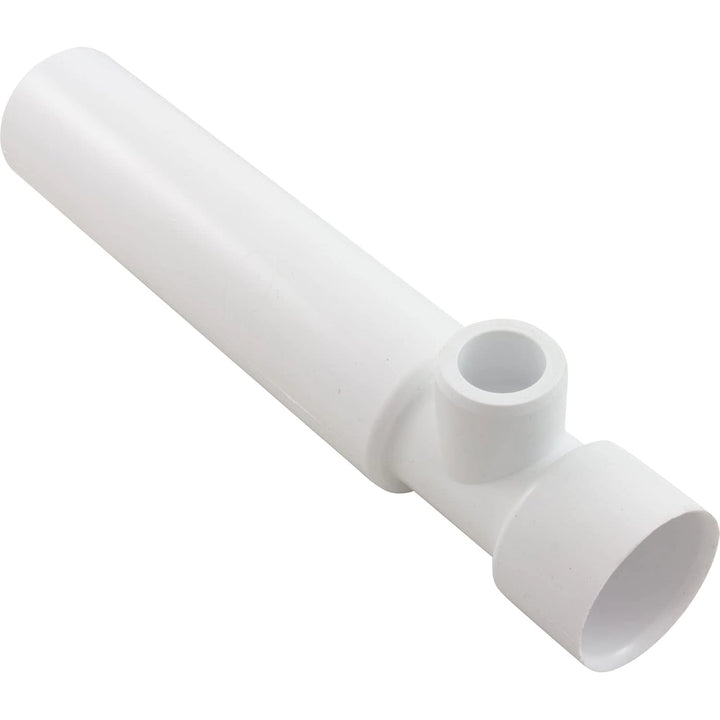 white cylindrical plastic plumbing fitting with two different sized socket openings and a smaller perpendicular nozzle