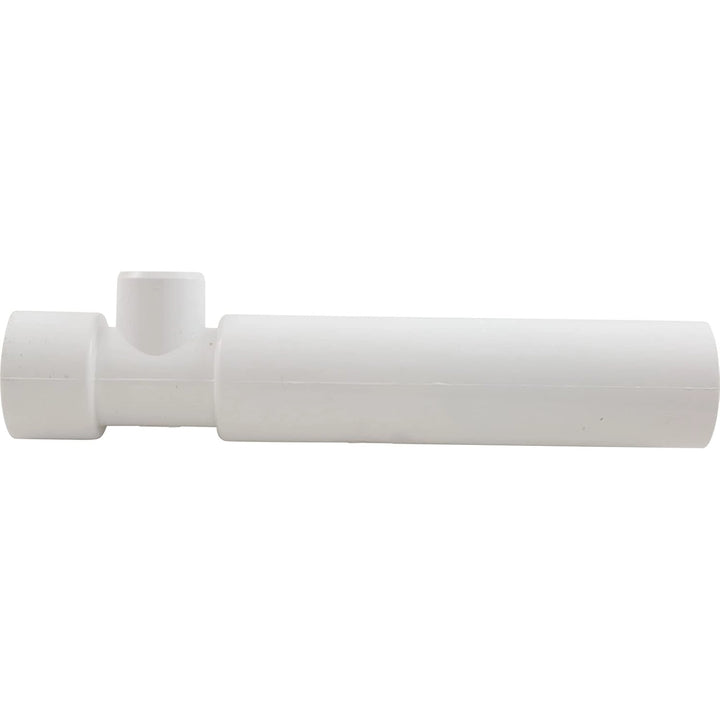 white concrete cylindrical plumbing fitting with three socket openings of varying sizes and a short perpendicular outlet