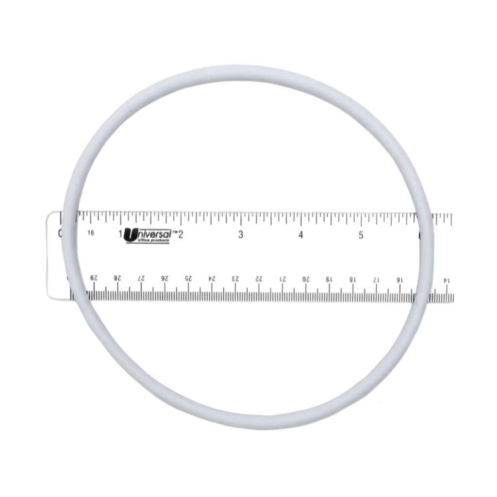 Pentair 16920-0012 white rubber O-ring for 6-in. suction trap lid, laid flat over a ruler showing size.