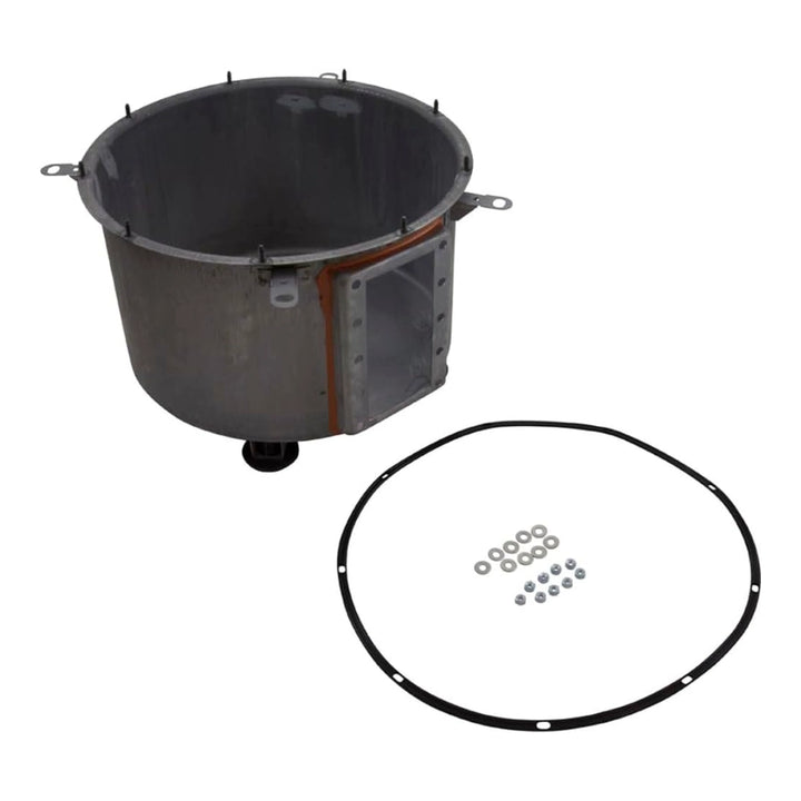 Pentair 474957 metal combustion chamber tub with viewing window, plus gasket and mounting hardware.